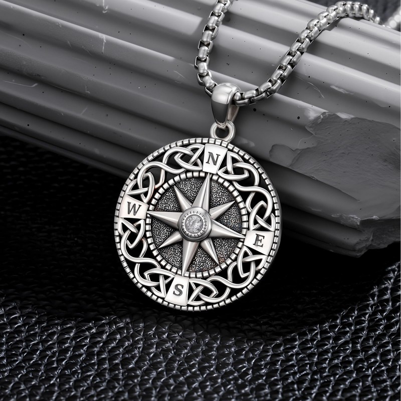 TRISHULA Compass Necklace for Men S925 Sterling Silver Celtic Knot