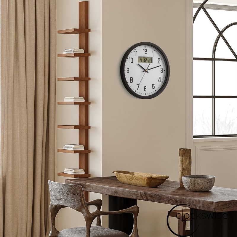 Clockswise 14-inch Wall Clock, Non-Ticking Analog & Digital with Temperature