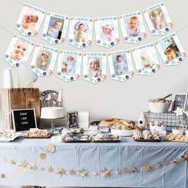 Fangleland Space Theme 1 Birthday, Photo Banner, First Trip Around the Sun, Birthday Decoration, Blue Baby Picture Banner for Newborn to 12 Months Boy