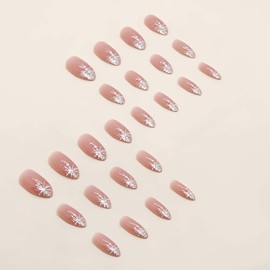 Snowflake Press on Nails Medium Almond Fake Nails Snowflake Glitter French Acrylic Nails Christmas Full Cover False Nails Manicure Glossy Stick on Nails with Jelly Glue 24 Pcs
