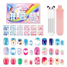 144 Pieces Girls Press On Nails Fake Nails Artificial Nail Tips Children Full Cover Short False Fingernails for Girls Children Nail Art DIY Summer (#2 Heart + Cat)