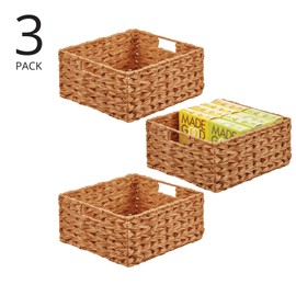 mDesign Woven Farmhouse Kitchen Pantry Food Storage Organizer Basket Bin Box - Container Organization for Cabinets, Cupboards, Shelves, Countertops, Store Potatoes, Onions, Fruit, 3 Pack, Camel Brown