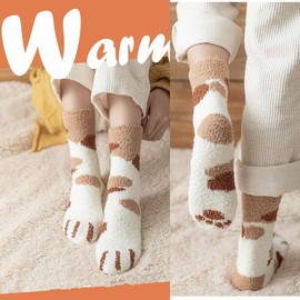 SIPEIEN 5/6 Pairs Thick Cuddly Socks Women's Cute Cat with Heart Cotton Winter Fluffy Christmas Socks Cartoon Pattern for Women, Braun Series-6pcs