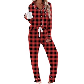 Aamikast Pajama Sets for Women Soft Button Up Christmas Pjs Matching Sets (Plaid Red XL)