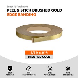 Brushed Gold 5/8 inch x 25 ft PVC Edge Banding Peel Stick Tape Adhesive Metal Edging Veneer Furniture Aluminum Trim MDF Wood Cabinet Flexible Strip Molding Laminate Shelf Countertop Formica Plywood