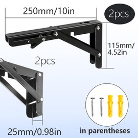 Hocansen 2Pcs Metal Foldable Brackets L Shelf Collapsible Brackets Black Wall Mounted Shelf Bracket Max Load 132 lb Collapsible Shelf Bracket for Table Bookcase (ZDJ/Black 250mm)