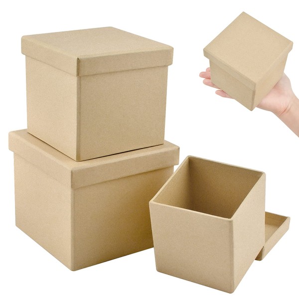 WANDIC Paper Mache Box, Set of 3 Square Paper Mache Hat Boxes Kraft Paper Containers with Lids Ideal for Painting Crafting & Storage Accessories Cosmetics Jewelry Gifts
