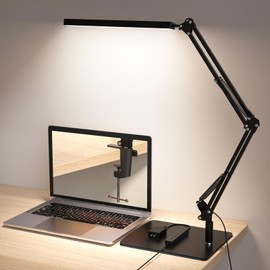 TROPICALTREE LED Desk Lamp for Home Office and Round Base, Clamp-On with 5 Light Modes & Auto Shut Off | 14W Adjustable Brightness 5000K Eye-Caring Lighting for Study/Bedroom/Computer Desk