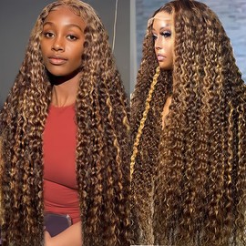 34 Inch Highlight Ombre Lace Front Wig Human Hair 4/27 Colored Honey Blonde Wig Human Hair 13x6 HD Lace Front Wigs Human Hair Deep Wave Curly Lace Frontal Human Hair Wig Pre Plucked with Baby Hair