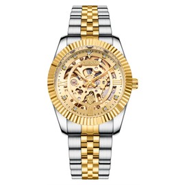 Verhux Skeleton Gold Watches for Men Automatic Luxury Diamond-Accented Mechanical Wrist Watches Business Stainless Steel Waterproof Charming Watches