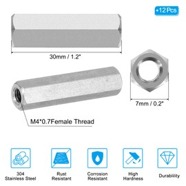 PATIKIL M4 x 0.7 Pitch 304 Stainless Steel Hex Coupling Nuts, Pack of 12, 30 mm/1.2 Inch Length, Coarse Full Thread Fasteners, Silver Tone