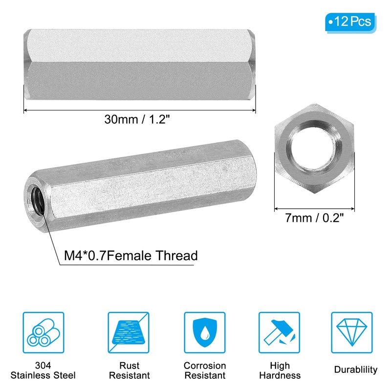 PATIKIL M4 x 0.7 Pitch 304 Stainless Steel Hex Coupling