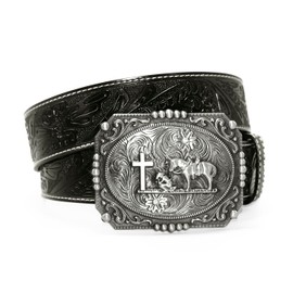 Moranse Belts With Religion Cross Cowboy Kneeling Prayer Buckle,Genuine Cow Leather,Classic and Retro Pattern Fashion Designs