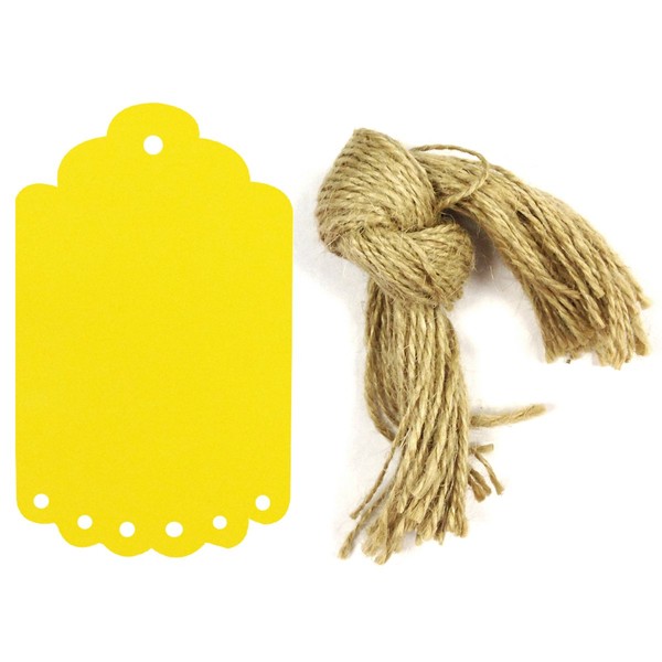 allydrew 50 Gift Tags/Kraft Hang Tags with Free Cut Strings for Gifts, Crafts & Price Tags, Large Scalloped Edge (Yellow)