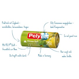 Pely Drawstring Bin Liners with Lemon Fragrance - Climate Neutral by Compensation, Value Pack (4 x 14 Pieces), Yellow, for Disposal of Residual Waste (25 Litres) with Pleasant Fragrance