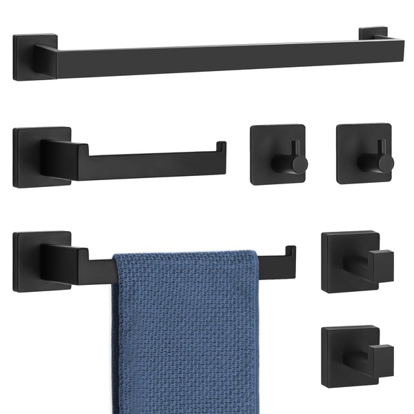 MengxFly 7 Piece Bathroom Hardware Set Matte Black Bathroom Accessories Black Square Towel Bar Set Towel Racks for Bathroom with Towel Holder Wall Mounted Stainless Steel 23-Inch