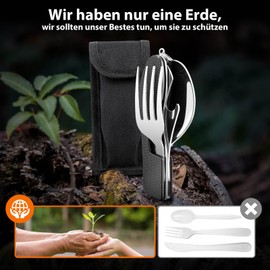 Hikenture 4-In-1 Campingbesteck Messer Gabel Löffel Flaschenöffner Set aus Edelstahl mit Gürteltasche - Klappbesteck Besteckset 1 Person für Camping und Outdoor (Schwarz)
