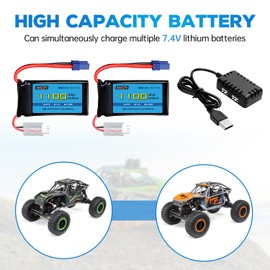AMZZN 7.4V 1100mAh 2S Lipo Battery with EC2 Plug and 2-in-1 Charger for UTB18 RC Car, 4WD Unlimited Off-Road High-Performance Climbing Vehicle Battery Accessories (2PCS Battery+2-in-1 Charger)