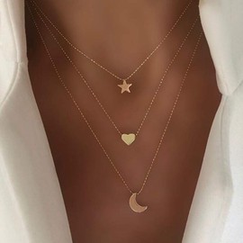Yienate Bohemian Layered Necklace Star Moon Love Pendant Fashion Necklaces Gold Chain Jewelry Charms for Women and Girls