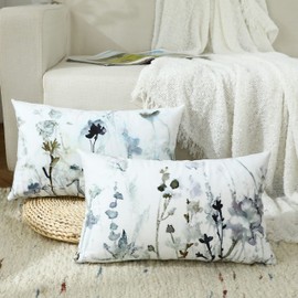 Labilin Set of 2 Watercolor Lumbar Pillow Covers 12 x 20 inch Ink Art Style Flower Branches Decorative Throw Pillow Covers Vintage Soft Rectangle Cushion Cases for Home Sofa Living Room Bedroom