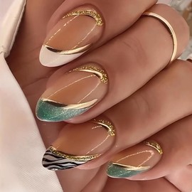 AkiliBIELY Almond Press on Nails French Tip Short Medium White Black Green Gold Pink Fake Nails Women Curve Cute Glue on Nails Acrylic Stick on Nails Fantasy False Nails Wedding Birthday