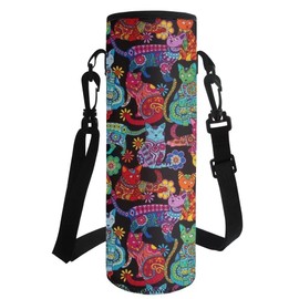 HUGS IDEA Water Bottle Carrier Bag Case, Insulated Neoprene Water Bottle Holder Pouch, Colorful Hippie Cats Print