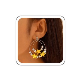 Wendalern Double Round Circle Dangle Earrings Bohemian Beach Starfish Beads Hoop Earrings Round Beads Starfish Drop Earrings Large Open Circle Hook Earrings Jewellery for Women, Zinc, No Gemstone