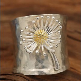 ASFKIPMF S925 Sterling Silver Daisy Flower Wide Bands Ring,Chrysanthemum Thumb Ring,Blooming Wild Floral Index Finger Ring,Thumb Index Finger Floral Statement Boho Ring Jewelry Gift for Her Size O