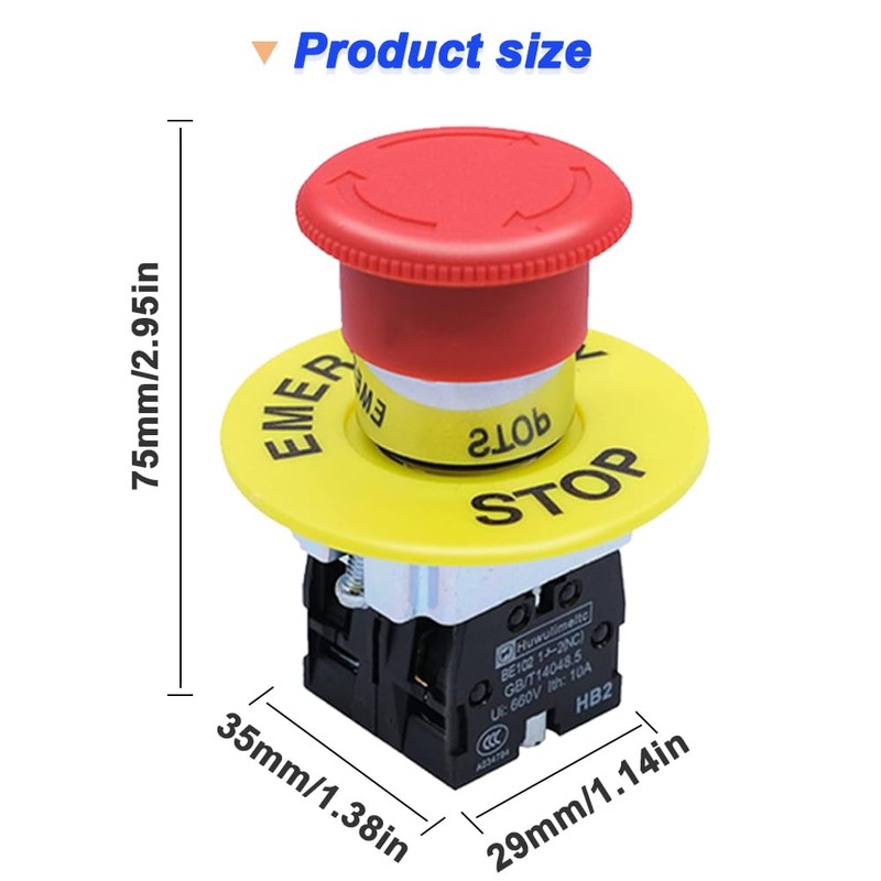 DKARDU 2NC 22mm Emergency Stop Push Button Switch Red Mushroom