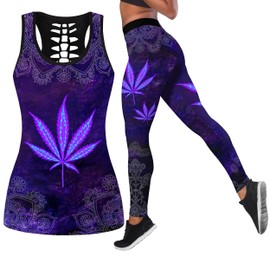 DRZHEAM Women Skull Printed 2 Piece Sweatsuit Outfits Yoga Hollow Out Tank Tops Leggings Activewear (purple-e, M)