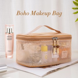 DALINEEYI Boho Makeup Bag, Mesh Travel Make up Bag, Lightweight Vacation Makeup Organizer for Toiletries & Cosmetics, Toiletry Bag with Handle & Zipper Closure
