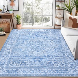 GAOMON 9x12 Area Rug Vintage Distresse Machine Washable Area Rug for Living Room Bedroom Traditional Medallion Floral Non-Slip Stain Resistant Accent Rug Carpet for Home Decor, Blue