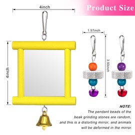 Sumind 2 Pieces Chicken Mirror Toys Hanging Swing Mirror with Bell Wooden Pecking Toy and 4 Pieces Beak Grinding Molar Stones for Hens Birds Parrots (Red,Blue)