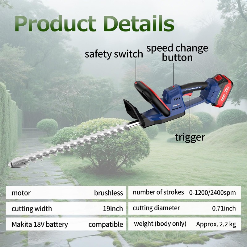 NANWEI 20 Inch Cordless Hedge Trimmer Compatible with Battery 1x