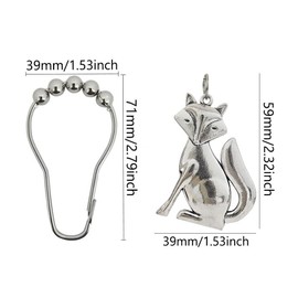 Decorative Fox Shower Curtain Hooks for Bathroom, Rust Proof Stainless Steel Curtain Rings, Decor Shower Hook Set of 12 with Fox Animal Pendant Accessory Set for Bath Room Bedroom Living Room (Silver)