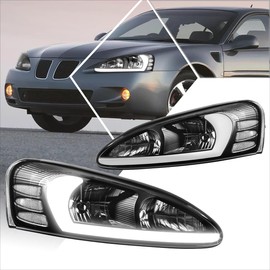 PM PERFORMOTOR [Pair] 3D Light Bar Headlights Assembly Compatible with 04-08 Pontiac Grand Prix,Black Housing/Clear Corner