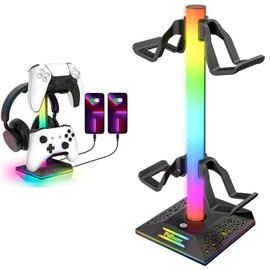 BZXDP Soporte para Auriculares RGB para Juegos, Soporte para Control de Juegos con 2 Cargas USB y 1 Type-C, Soporte para Driver con 10 Modos de luz y función de Memoria（32 * 12 * 12CM）