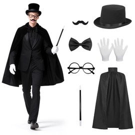 PANMAY Magic Magician Costume for Adults 7 Pieces with Magic Cape Hat Magic Wand Gloves Glasses for Magic Trick Show Birthday Party Cosplay Costume