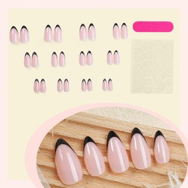 24Pcs Black Press on Nails Medium Length French Tip Fake Nails Stiletto Acrylic False Nails Reusable Glue on Nails Medium Almond Nails Press on Glossy Stick on Nails DIY Art for Women Girls