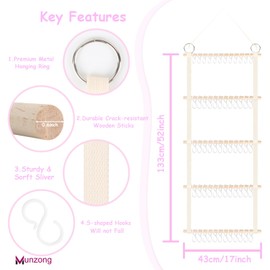 Munzong Headband Holder 52x17 inch, Hair Bow Organizer for Baby Girls, Wall Hanging Wood Headband Organizers w/ 60 Hooks, Hair Accessories Storage Hanger for Toddler Kids Nursery Room Decor