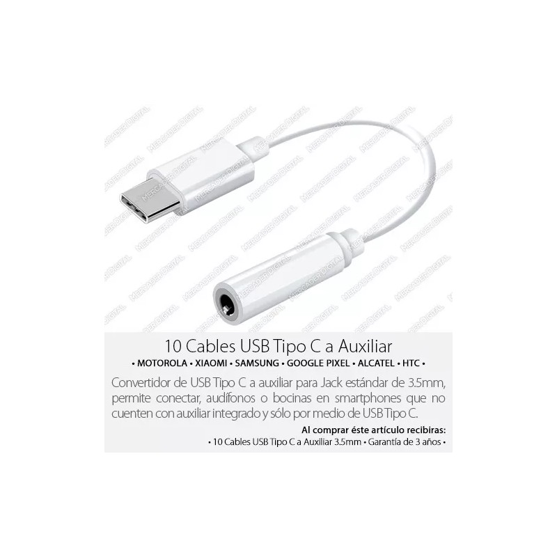 Mercader Digital 10x Adaptador Usb Tipo C A Auxiliar 3.5mm