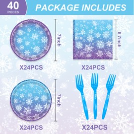 96PCS Winter Wonderland Birthday Party Decorations Blue and Purple Snowflake Plates and Napkins Forks for Christmas and More Party Serve 24 Guests