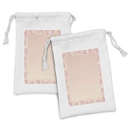 Lunarable Pale Pink Fabric Pouch Set of 2, Floral Wreath Frame with Bunch of Flower Beauty Fragrance Feminine Girls, Small Drawstring Bag for Toiletries Masks and Favors, 9" x 6", Peach Pale Yellow