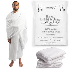 vereeo Premium Men's Ihram Set for Hajj & Umrah - 2-Piece White Non Stitched 100% Cotton Towels | Ehram Ahram | Lightweight, Breathable & Comfortable | Reusable | Shariah Compliant