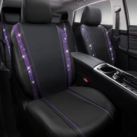 CAR PASS Bling Diamond Car Seat Covers Full Set,Shining Rhinestone Waterproof Faux Leather,Rear with Zipper,Universal Fit Automotive Glitter Crystal Sparkle Strips for Women,Violet Purple Rhinestone