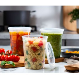 Elegant Disposables 32 onzas – 24 juegos de recipientes de plástico para almacenamiento de alimentos con tapas flexibles herméticas para microondas, sin fugas, lavable, apto para congelador.