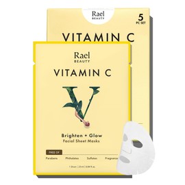 Rael Vitamin C Face Masks – Brighten + Glow with Pomegranate and Citrus Fruit Extract, All Skin Types, Korean Skin Care (5 Count)