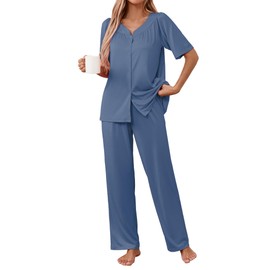 Famulily Womens Soft Cotton Pyjamas Set Loose Fit Crew Neck Pajamas Pintuck Button Down Pjs Lounge wear Set Blue XL
