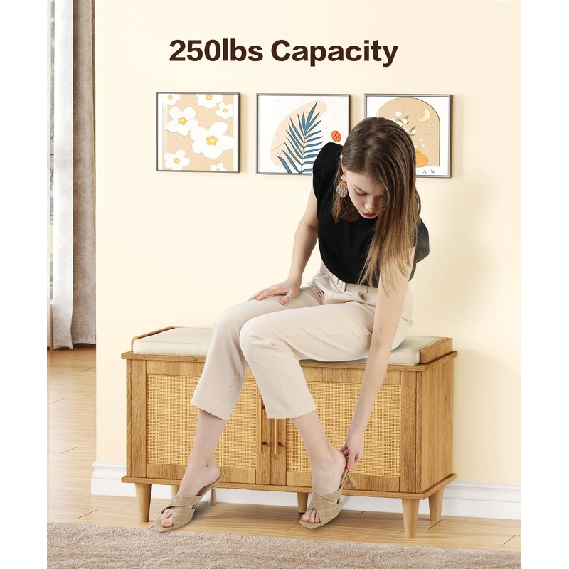 Akxomel Rattan Shoe Storage Bench with Cushion, 2-Tier Entryway Bench