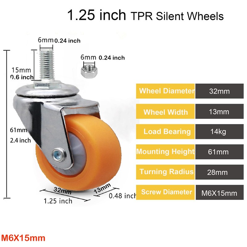 MyyYiTar 1.25" M6x15 Stem Casters Bolt Threaded Wheels,TPR Mute Rubber